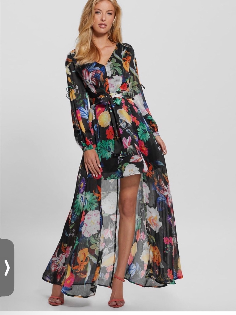 Guess Black Floral High-Low Wrap Maxi Dress